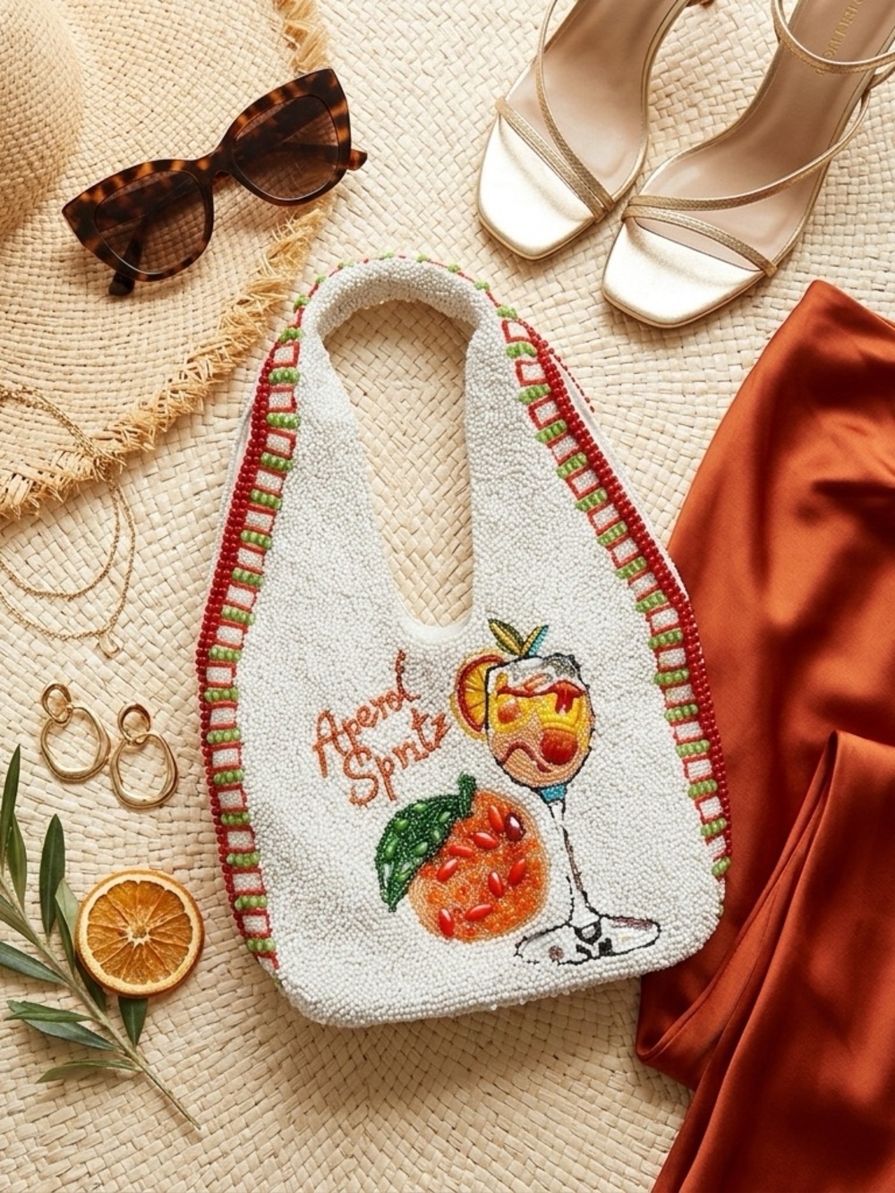 NWT Viral Aperol Spritz Beaded slouchy Shoulder Bag Handcrafted India hobo bag